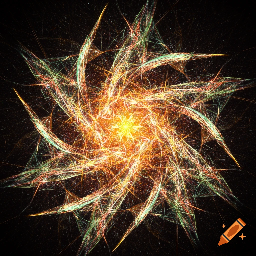 Bright orange and green abstract spiral pattern on black.