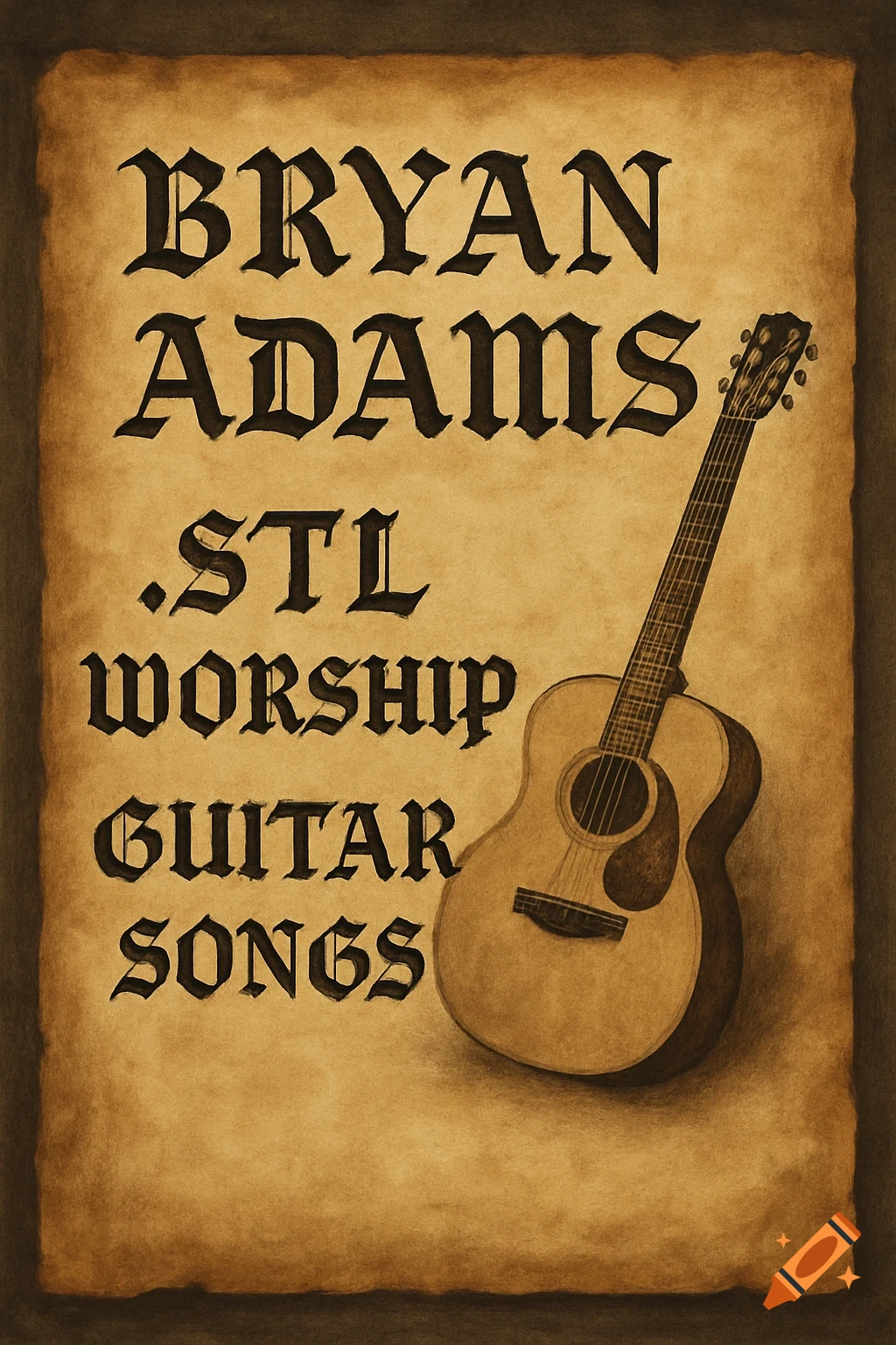 An acoustic guitar rests against a parchment background with text in an old English font.
