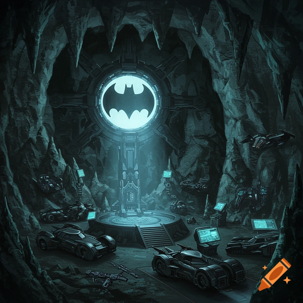 A dark, stylized depiction of the Batcave with multiple Batmobiles and futuristic vehicles, featuring a large, glowing Bat-symbol.