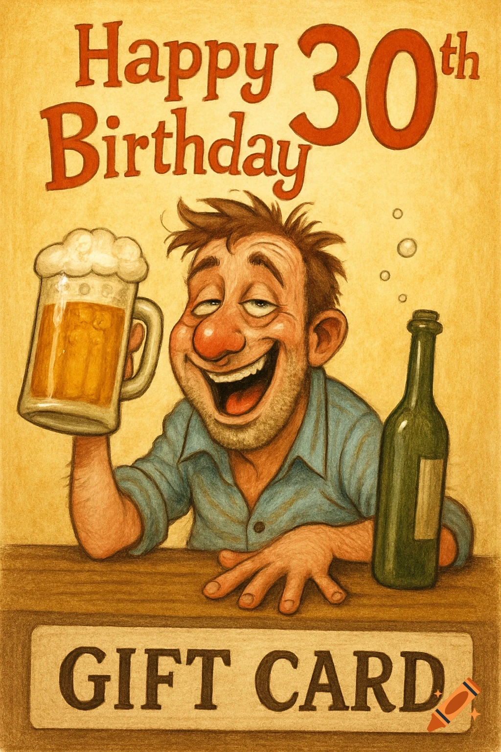 Cartoon illustration of a drunk man holding a beer next to a gift card. Text says "Happy 30th Birthday GIFT CARD".