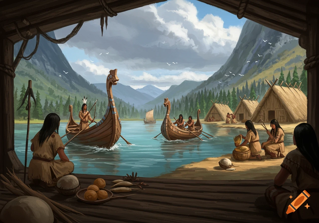 Illustrated scene of Native Americans in boats on a lake approaching a village with mountains in the background.