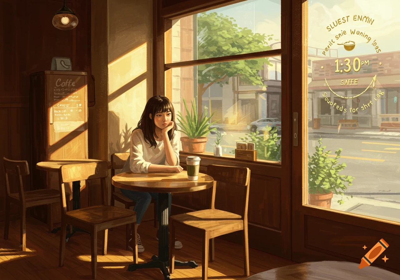 Young woman sitting alone at a table in a sunny cafe, looking out the window. Digital painting.