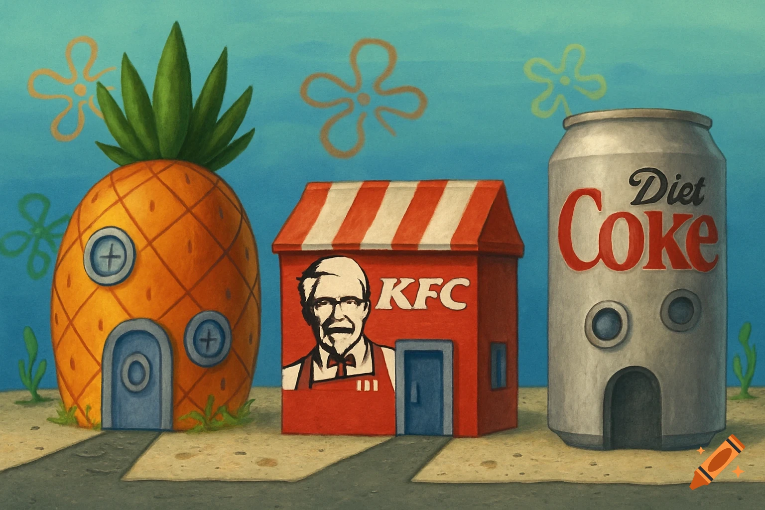 A cartoon underwater scene showing houses shaped like a pineapple, a KFC building, and a Diet Coke can.
