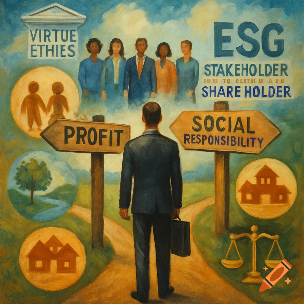 Painterly image of a businessperson at a crossroads between profit and social responsibility, with symbols of ethics, community, and environment.