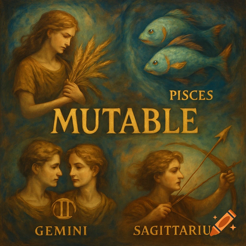 An oil painting style collage depicting four zodiac signs and the word MUTABLE. Clockwise from top left: a maiden with wheat (Virgo), two fish (Pisces) with the text PISCES, the word MUTABLE, an archer (Sagittarius) with the text SAGITTARIUS, and two figures (Gemini) with the Gemini symbol and text GEMINI.