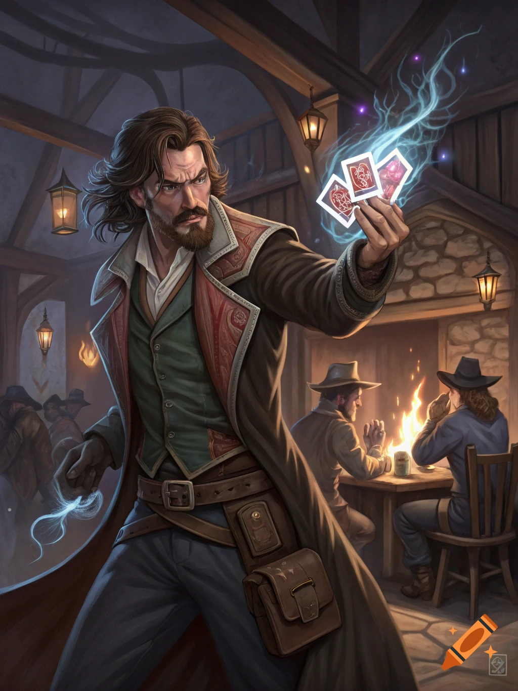 A man in a tavern holds glowing playing cards infused with magic.