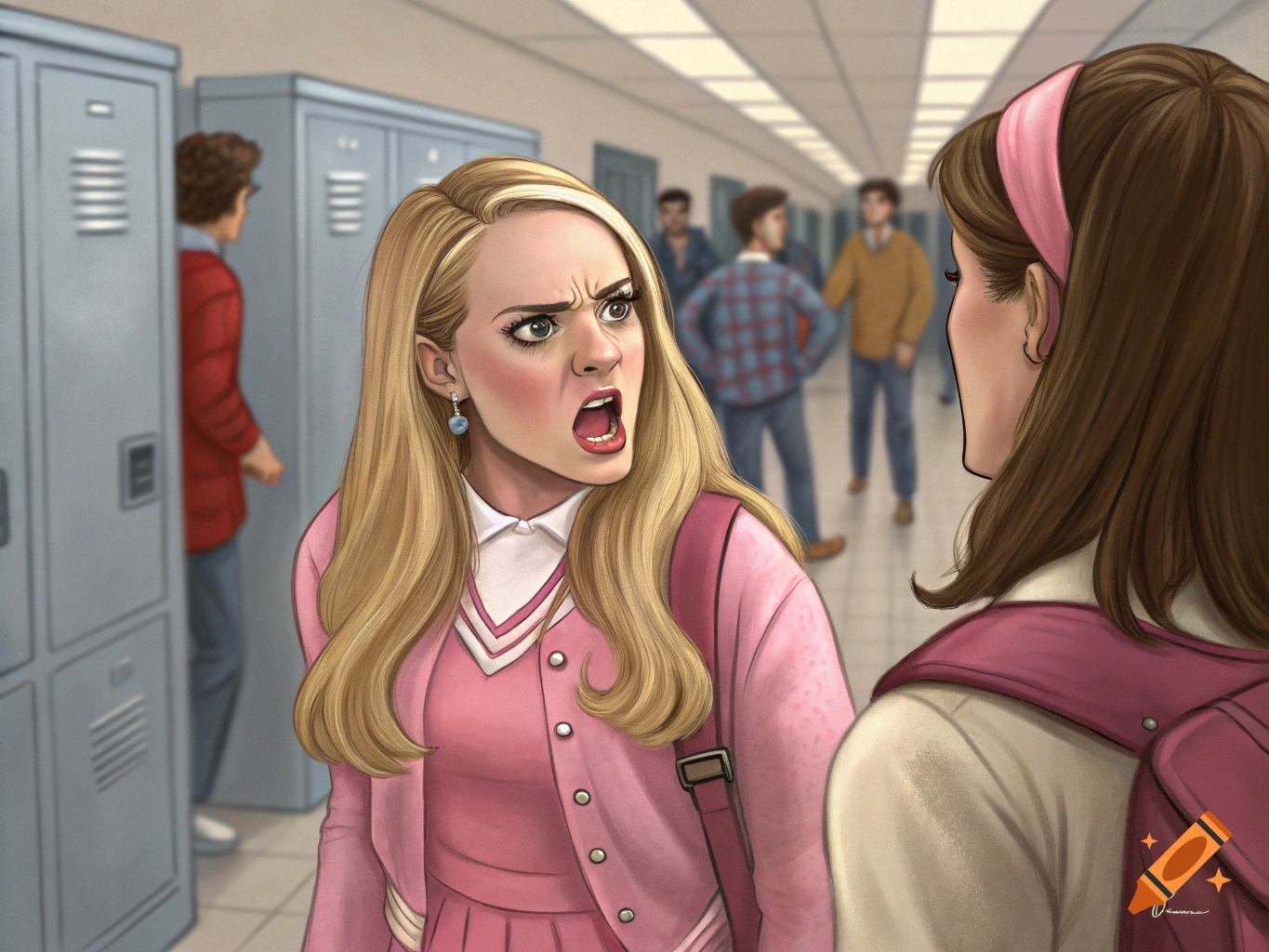 Illustration of two teenage girls arguing in a school hallway