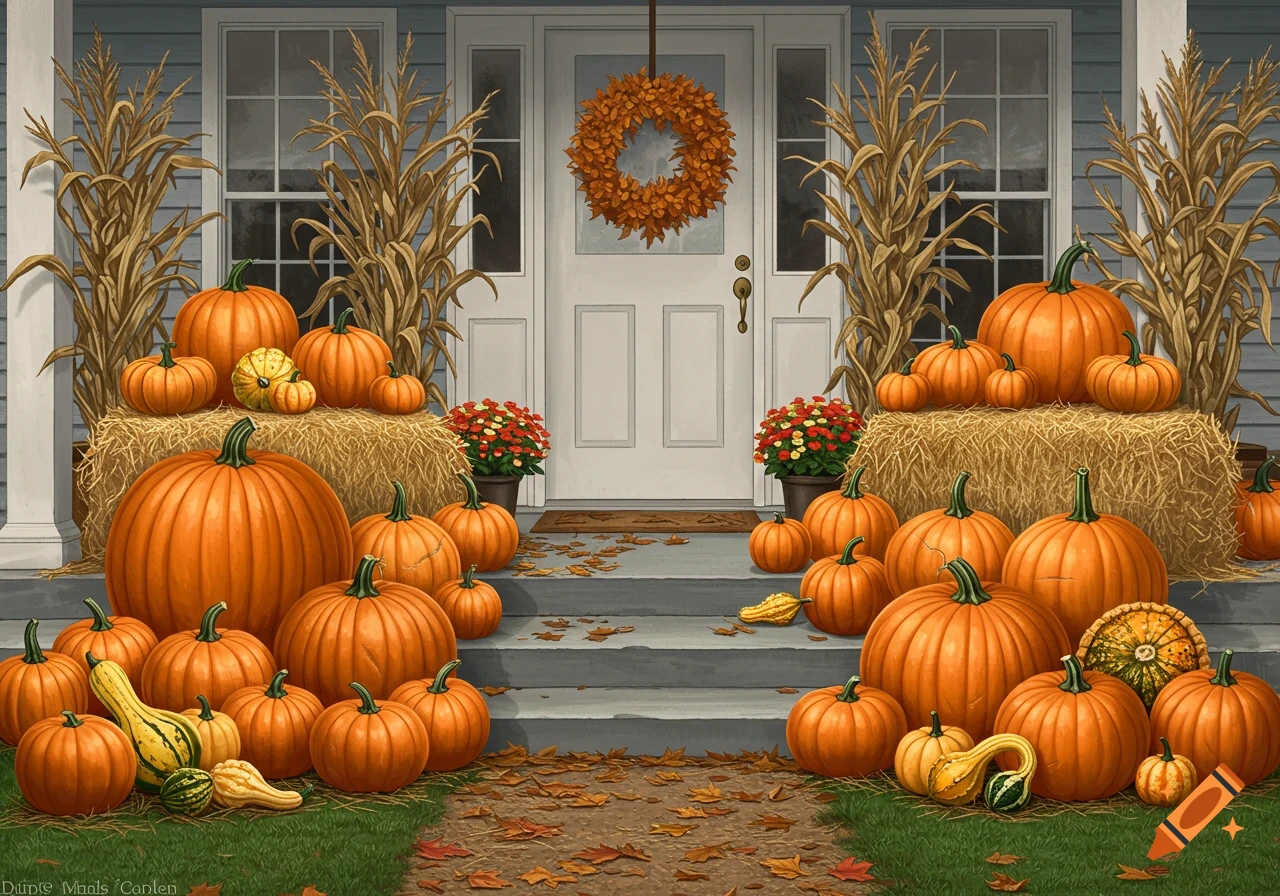 A front porch decorated for fall with pumpkins, gourds, hay bales, and corn stalks.