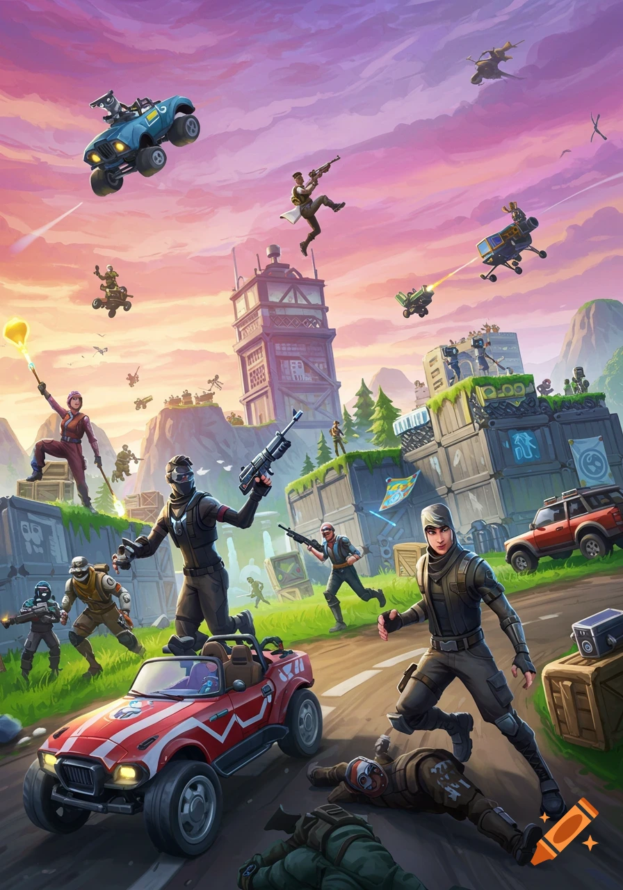 Fortnite characters battling in a colorful, stylized action scene with vehicles.