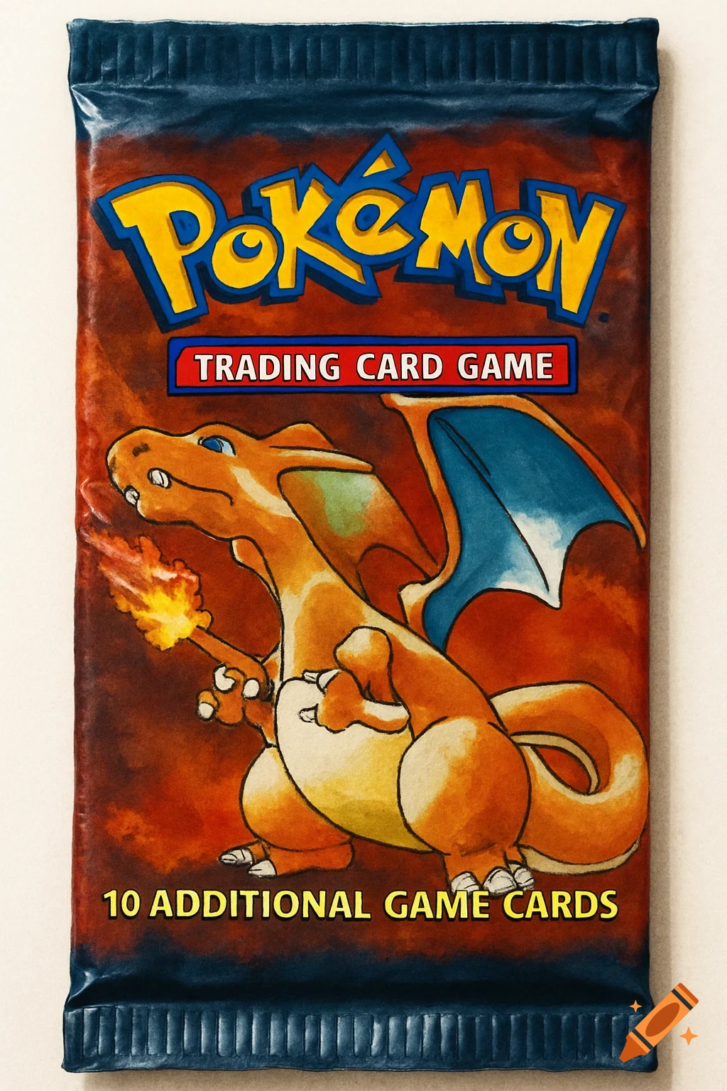 Painted image of a sealed Pokemon trading card pack featuring Charizard.