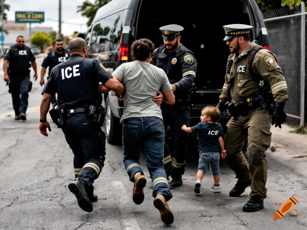 ICE officers apprehend a man, woman, and child near a van on a street.