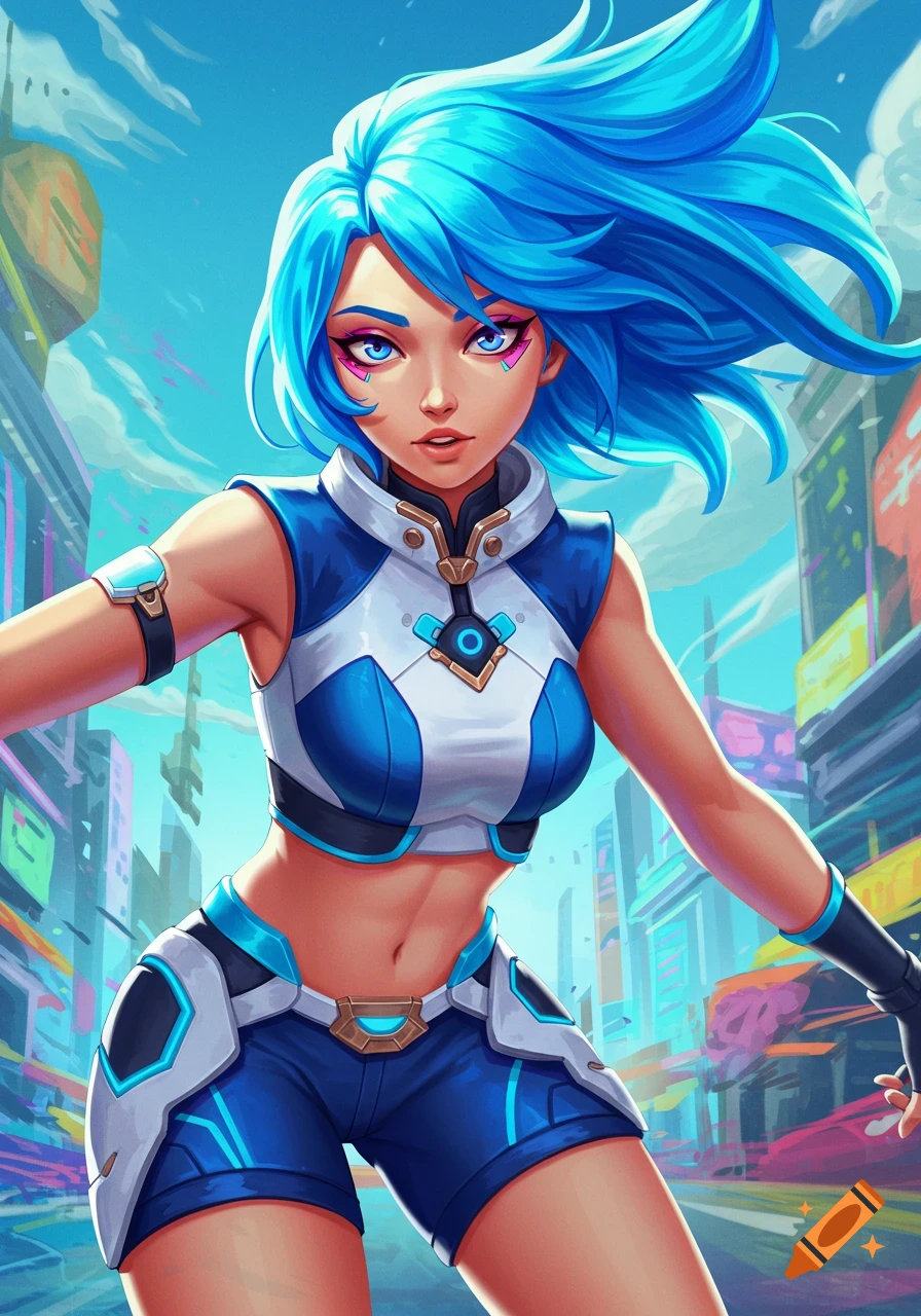 Stylized portrait of a young woman with bright blue hair and eyes in futuristic city environment.