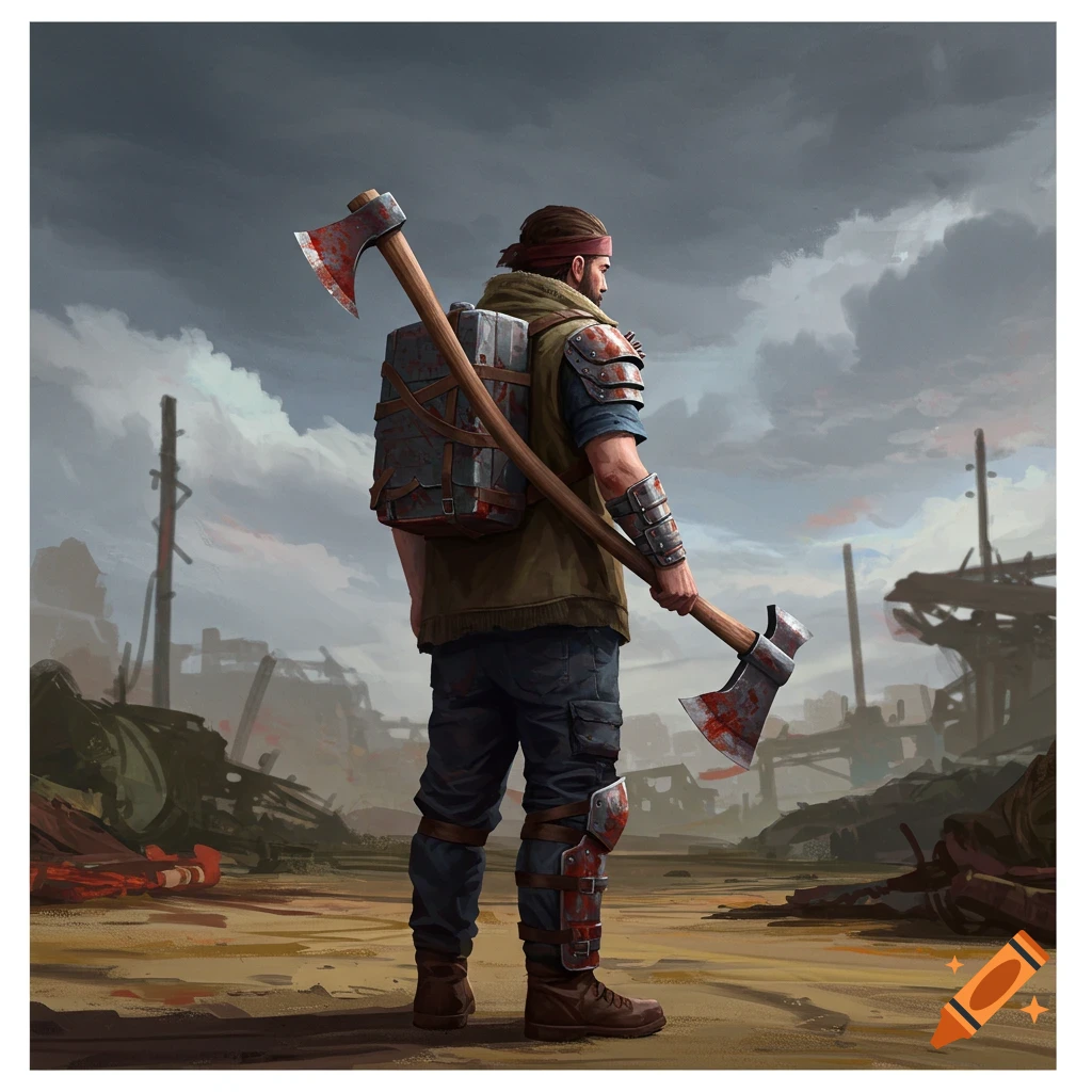Person with an axe on their back stands in a ruined post-apocalyptic landscape.