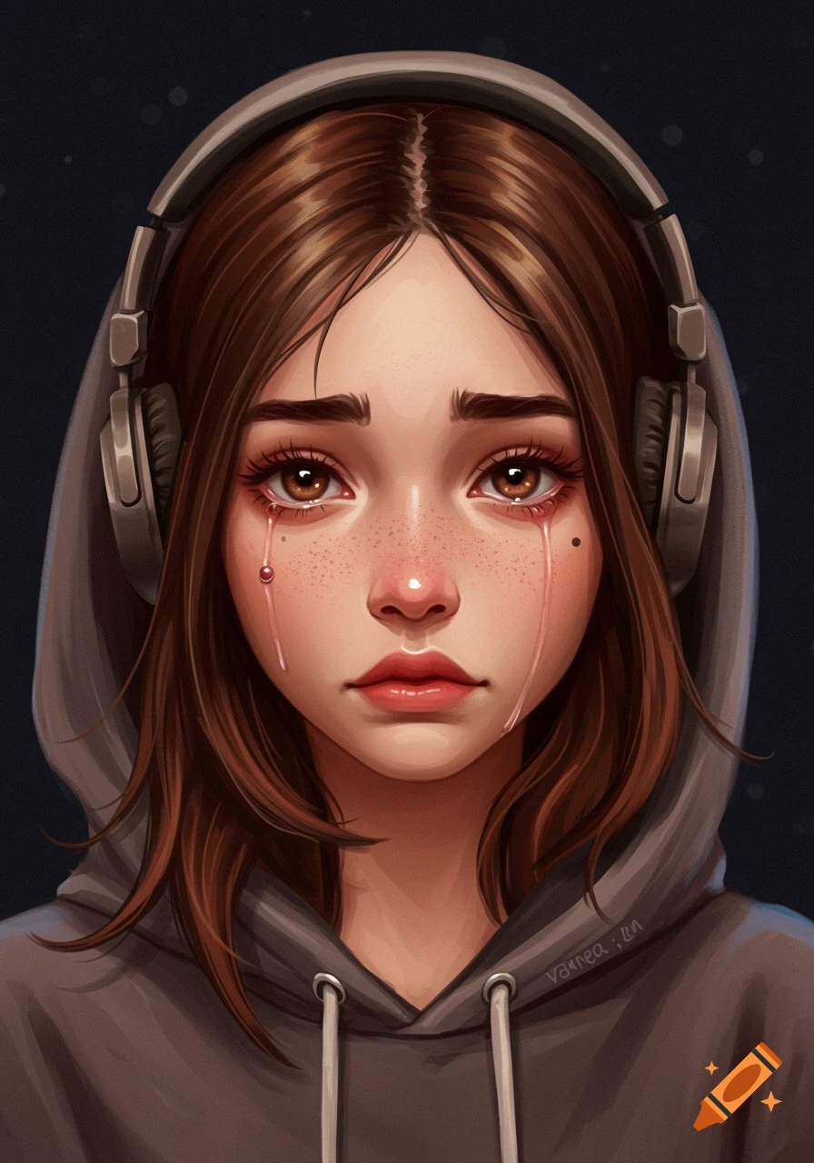Illustrated portrait of a girl with brown hair and freckles wearing headphones and a hoodie, crying with tears streaming down her face.