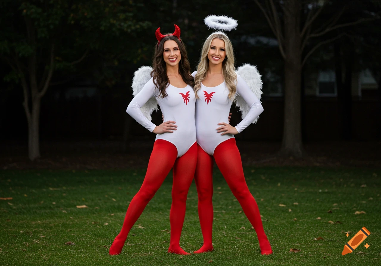 Two women in a two-headed devil/angel costume stand in a grassy park.