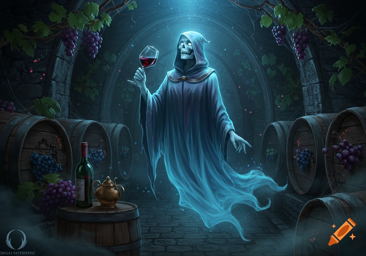 A spectral ghost in a hooded robe holds a wine glass in a dark cellar filled with barrels and grapevines, fantasy art.