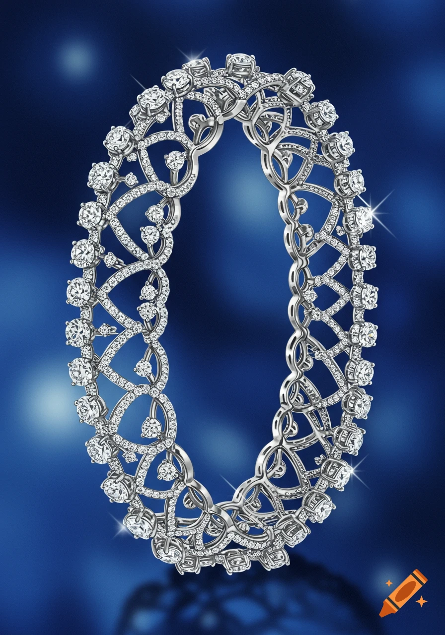 Realistic rendering of an intricate silver diamond bracelet on a dark blue background.