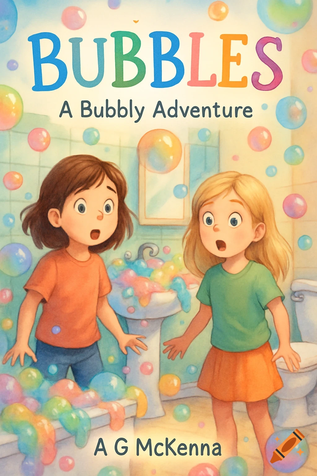 Colorful children's book cover illustration of two surprised girls in a bathroom overflowing with rainbow bubbles.