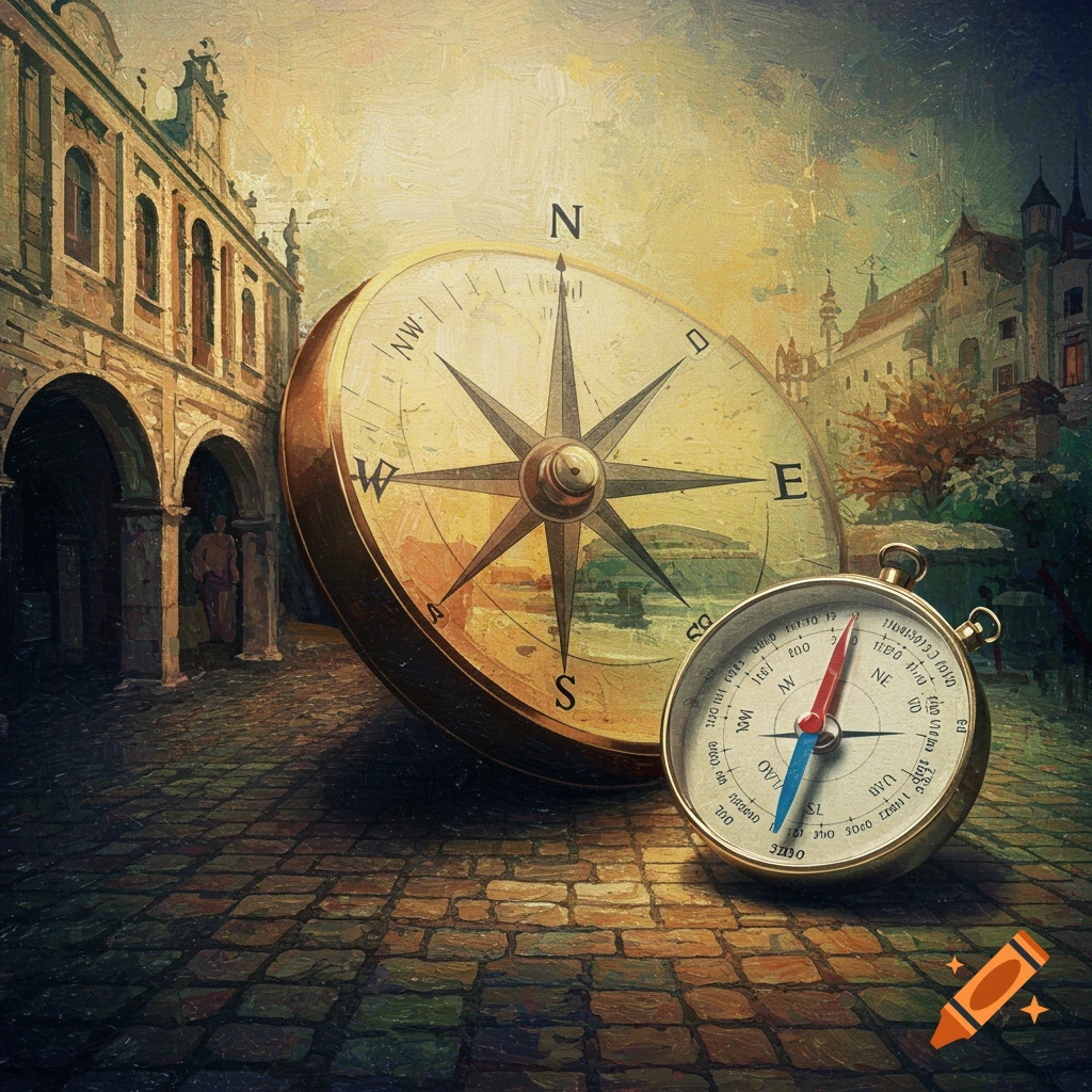 Two compasses on a cobblestone street in front of old European buildings, in a painterly style.