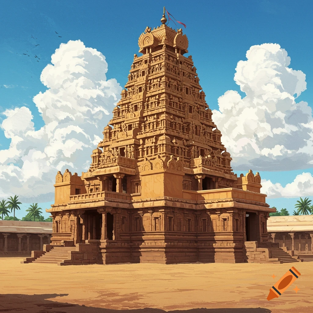 Illustration of a large temple with intricate carvings under a blue sky.