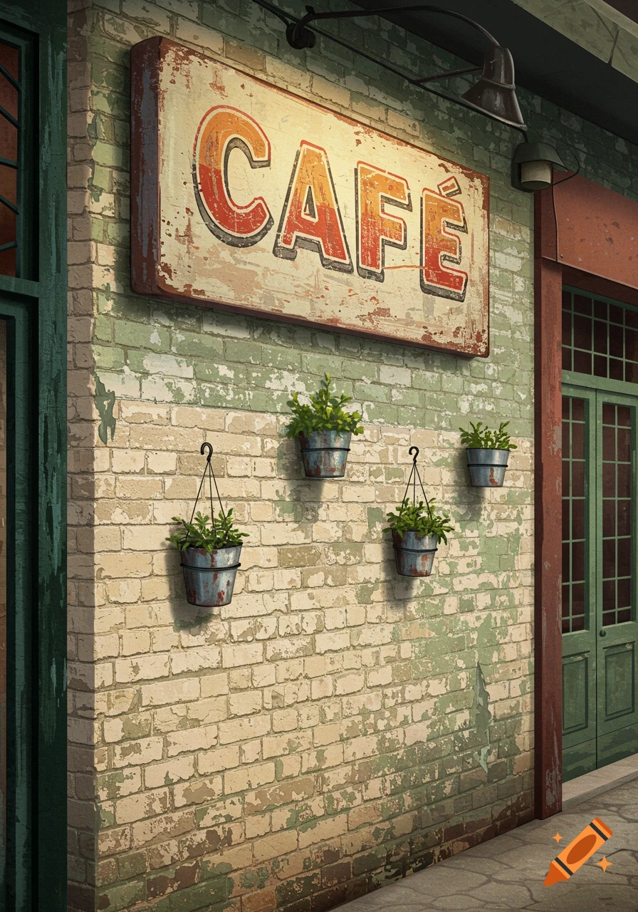 Weathered brick wall with a vintage 'CAFE' sign and hanging plants.