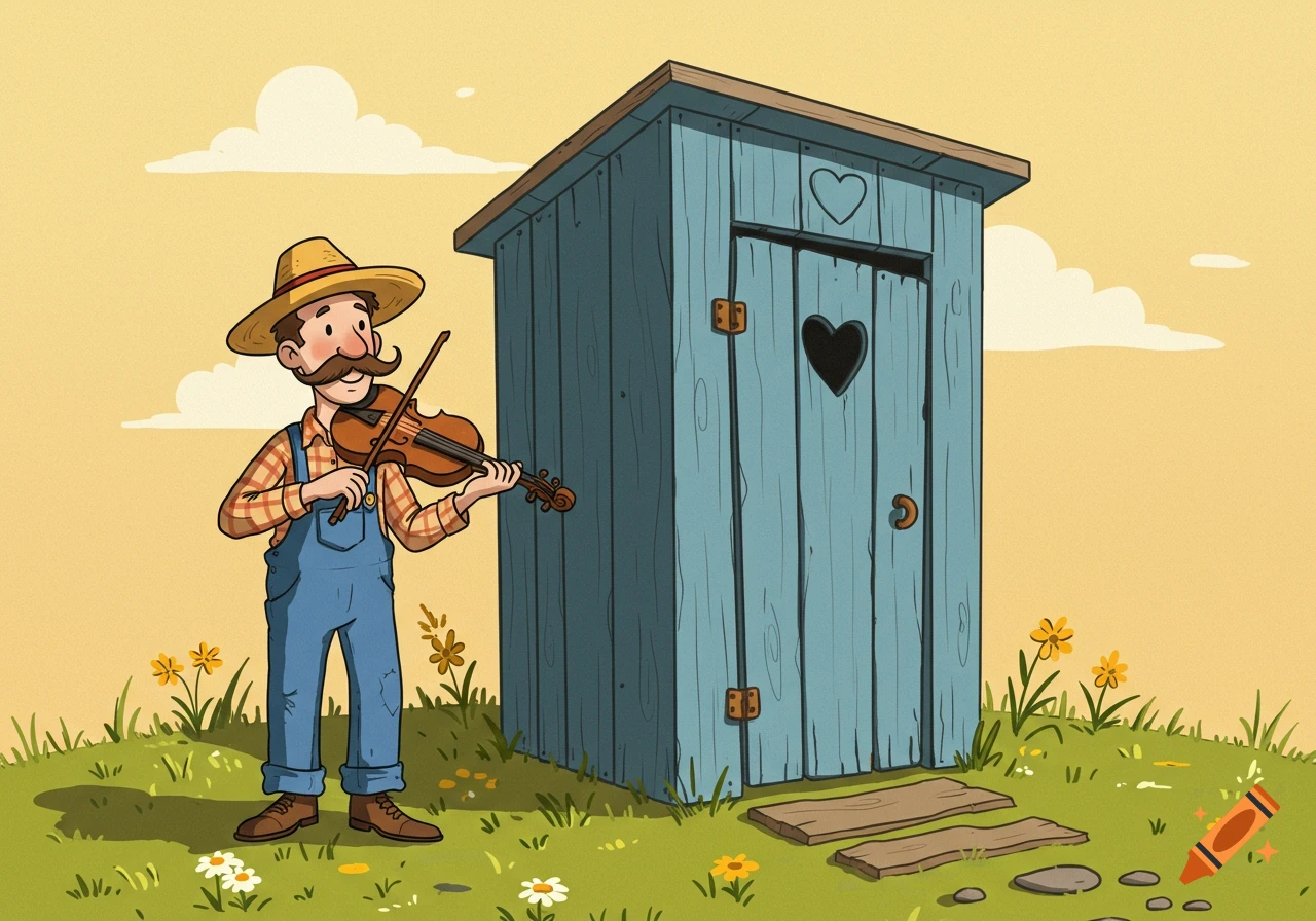 A cartoon man playing a violin next to an outhouse in a folk art style.