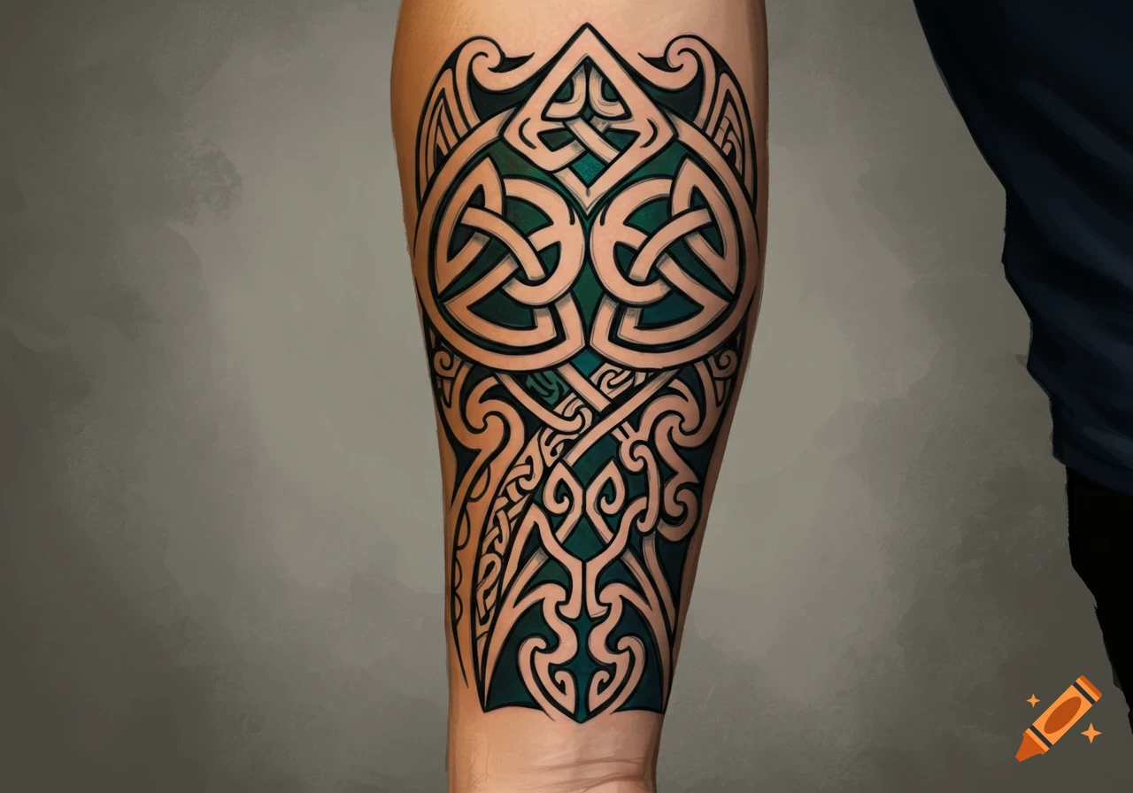 Celtic inspired tattoo with green and black intricate patterns on an arm