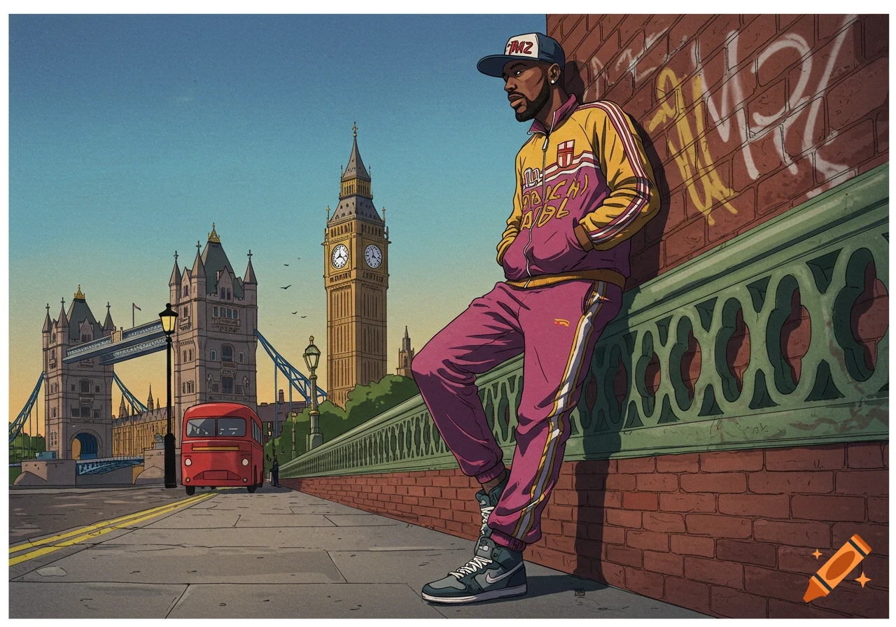 Illustration of a man in a tracksuit and cap leaning on a wall in London, with Tower Bridge and Big Ben in the background.