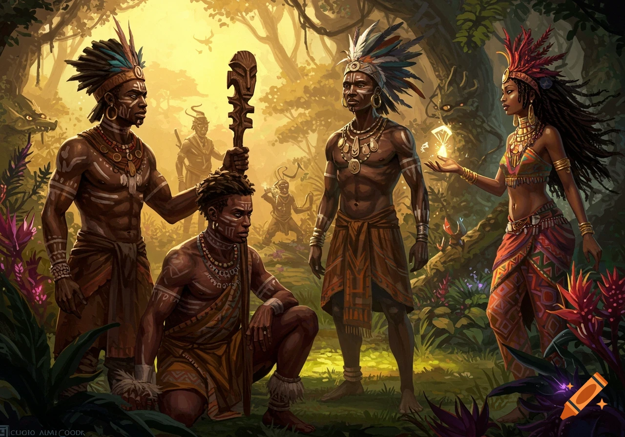 Illustration of tribal figures adorned with paint, feathers, and jewelry in a lush jungle, one holding a staff, another a glowing object.