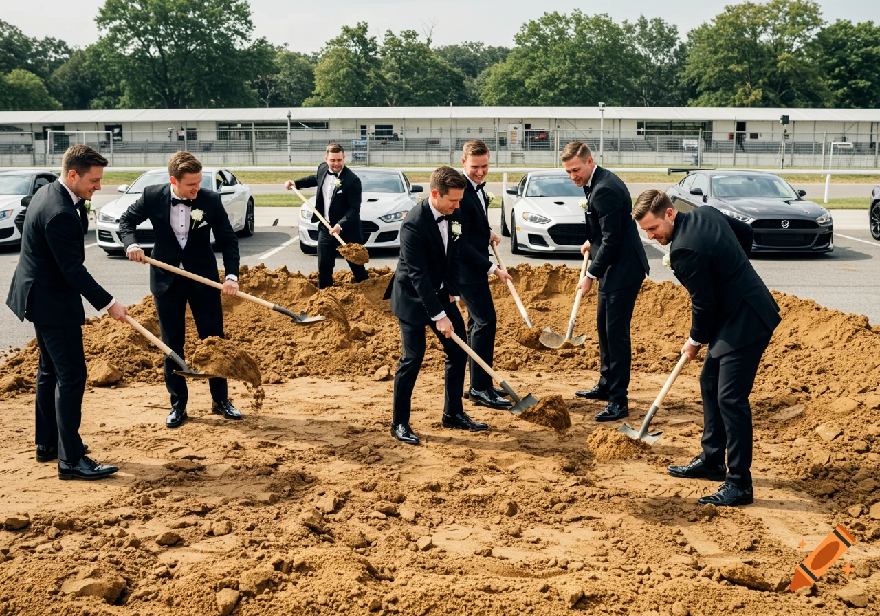 Photorealistic image of men in tuxedos shoveling a pile of dirt near parked cars.