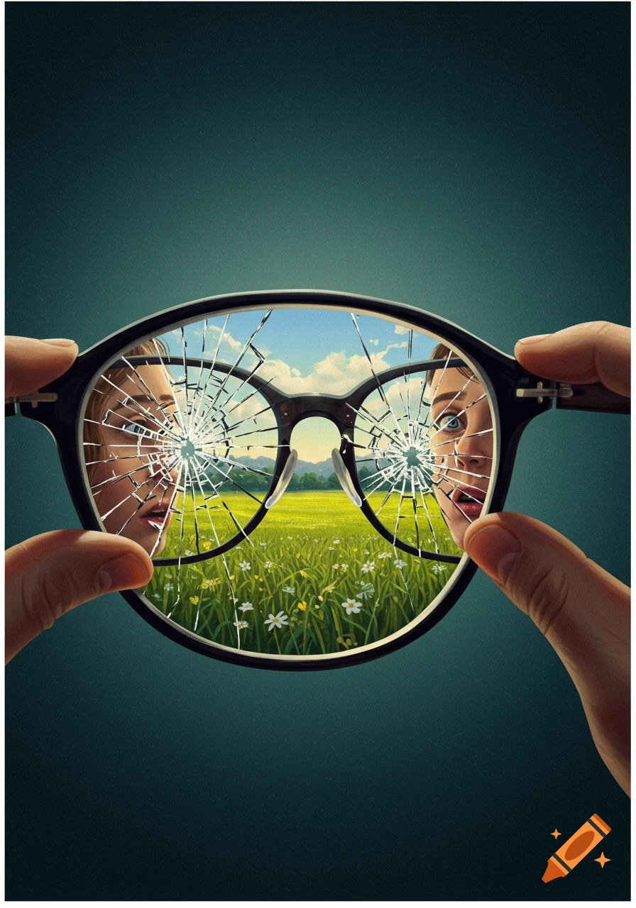 Hands holding cracked glasses showing two faces and a landscape through the lenses.