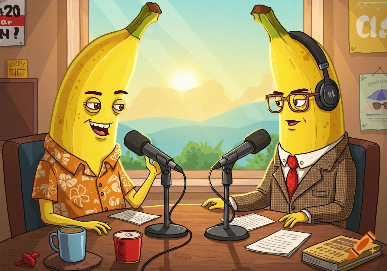 Cartoon illustration of two bananas, one wearing a suit and the other a Hawaiian shirt, hosting a podcast at a table with microphones.