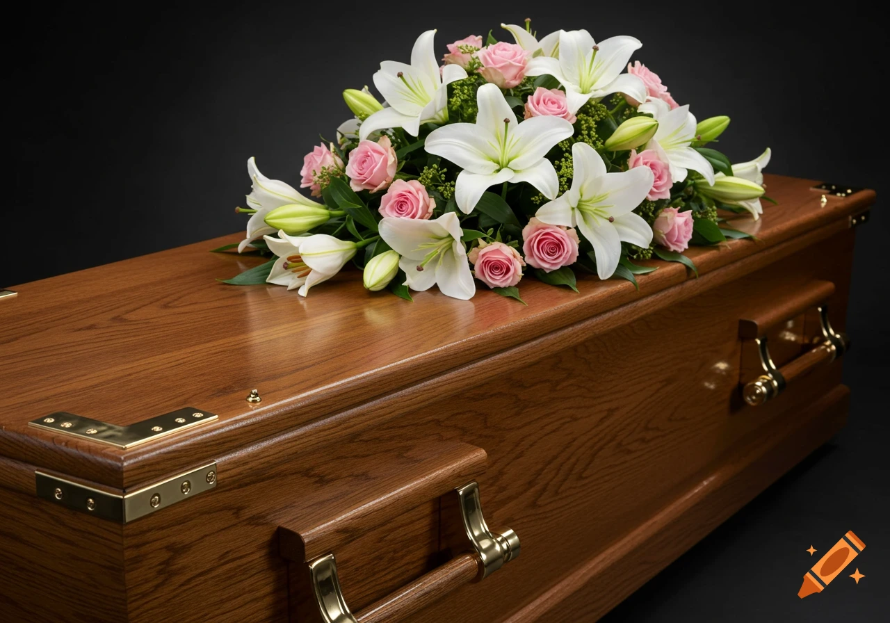 A close-up view of a polished oak coffin with brass handles, draped with a bouquet of white lilies and pink roses.