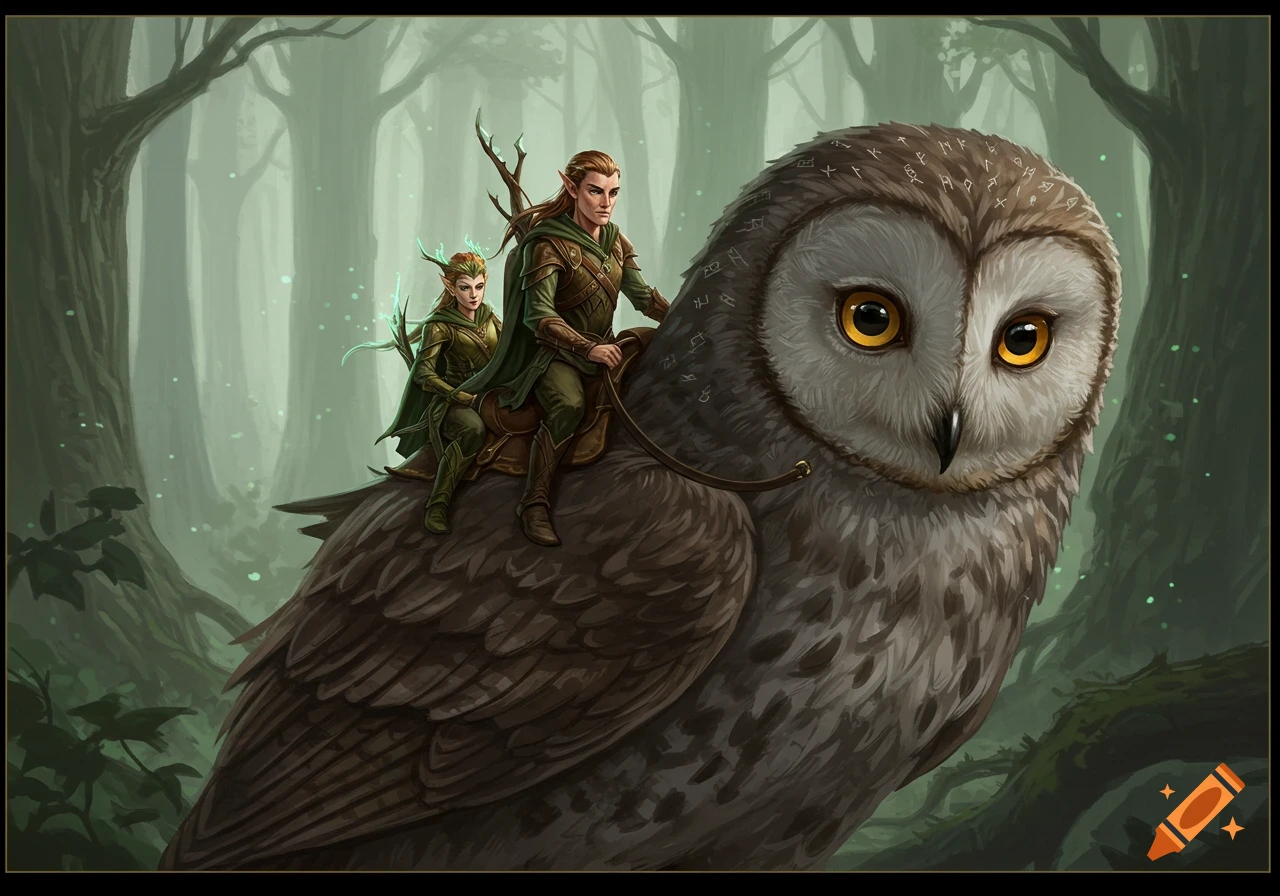 An illustration of two elves riding a giant owl through a magical forest.