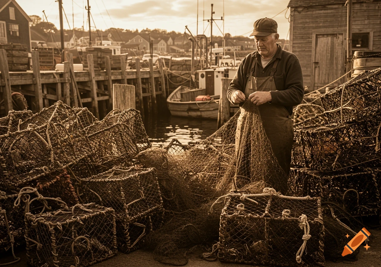 Sepia photo of a fisherman mending nets by a harbor with lobster pots.