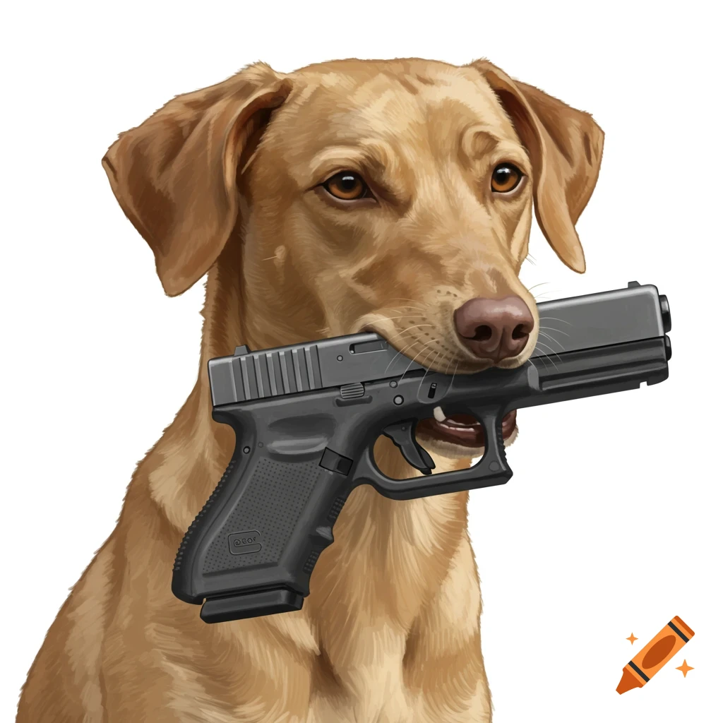 Digital illustration of a brown dog holding a black handgun in its mouth.
