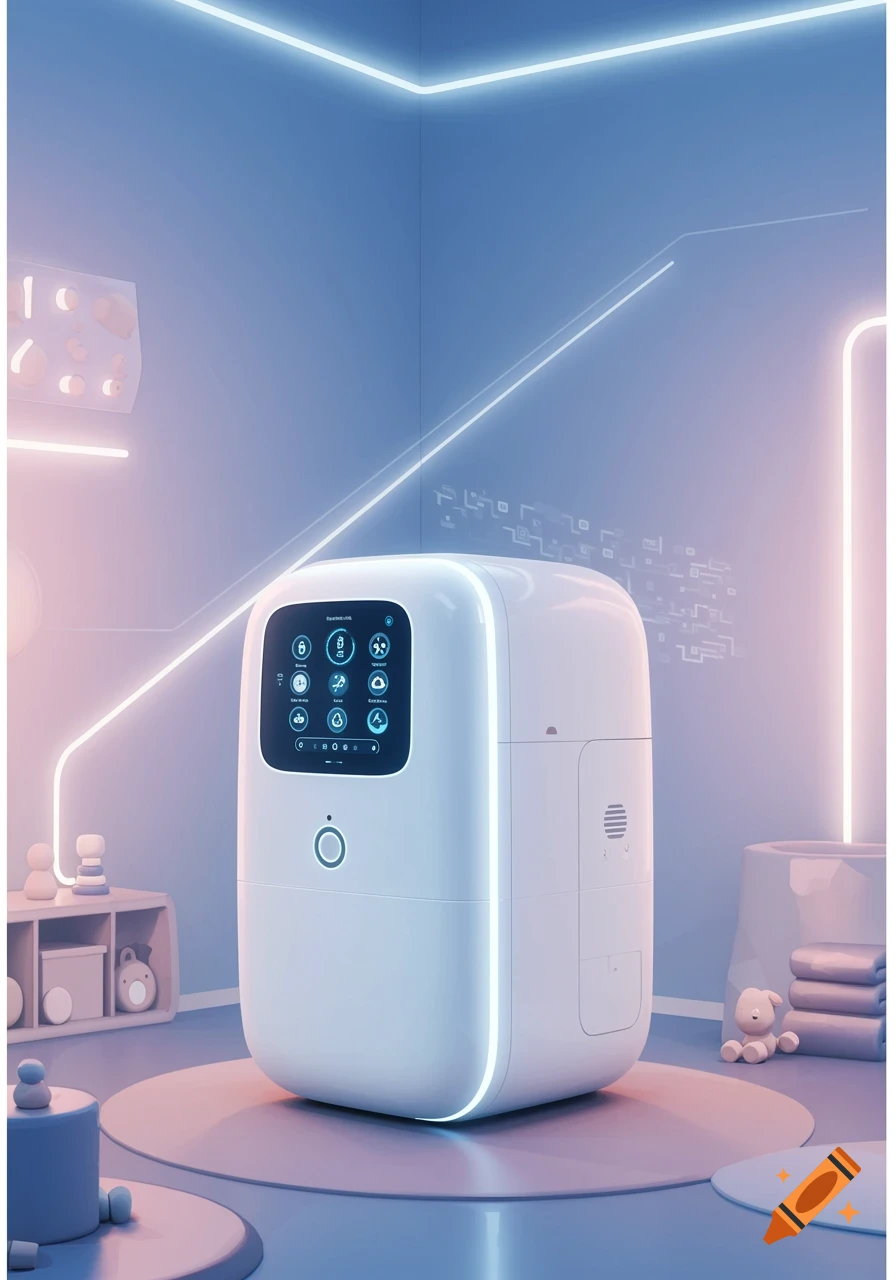 A white futuristic machine with a screen in a glowing blue and pink nursery.