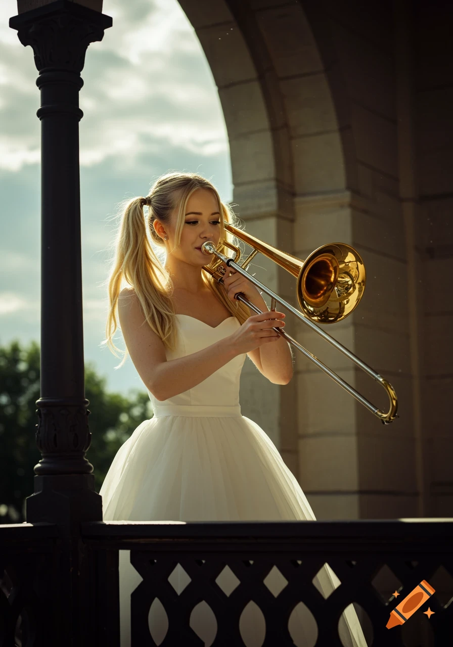 A young woman in a white dress plays a trombone outdoors. Photorealistic.