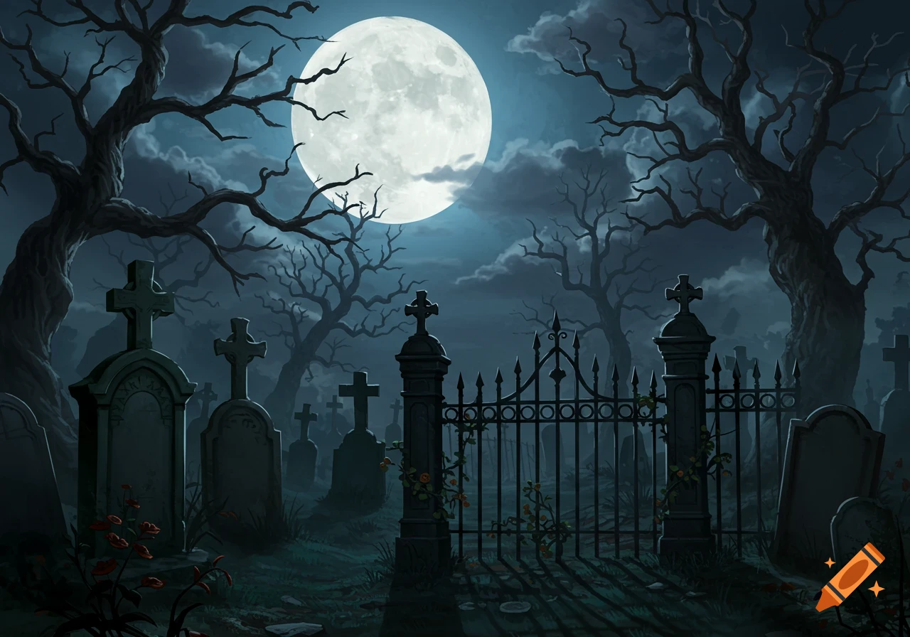 Spooky graveyard at night under a full moon with bare trees, gravestones, and an iron fence.