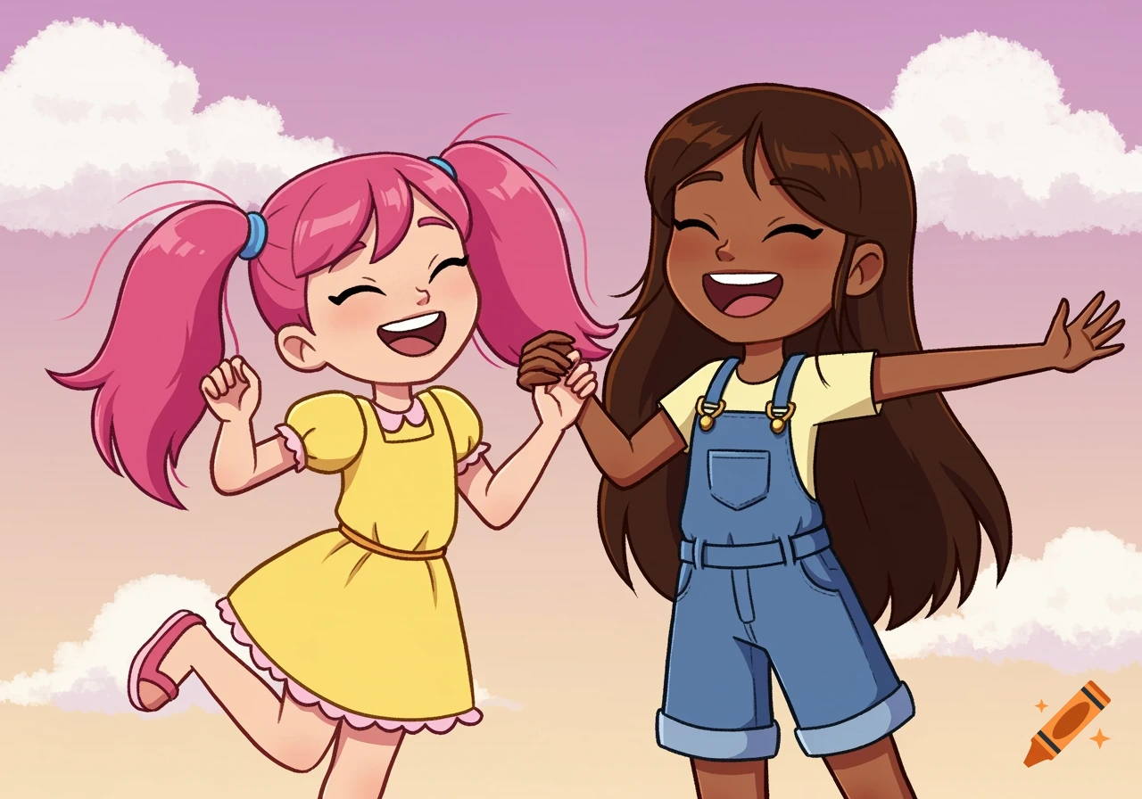 Two happy cartoon girls, one with pink pigtails, one with brown hair, smiling and holding hands outdoors.