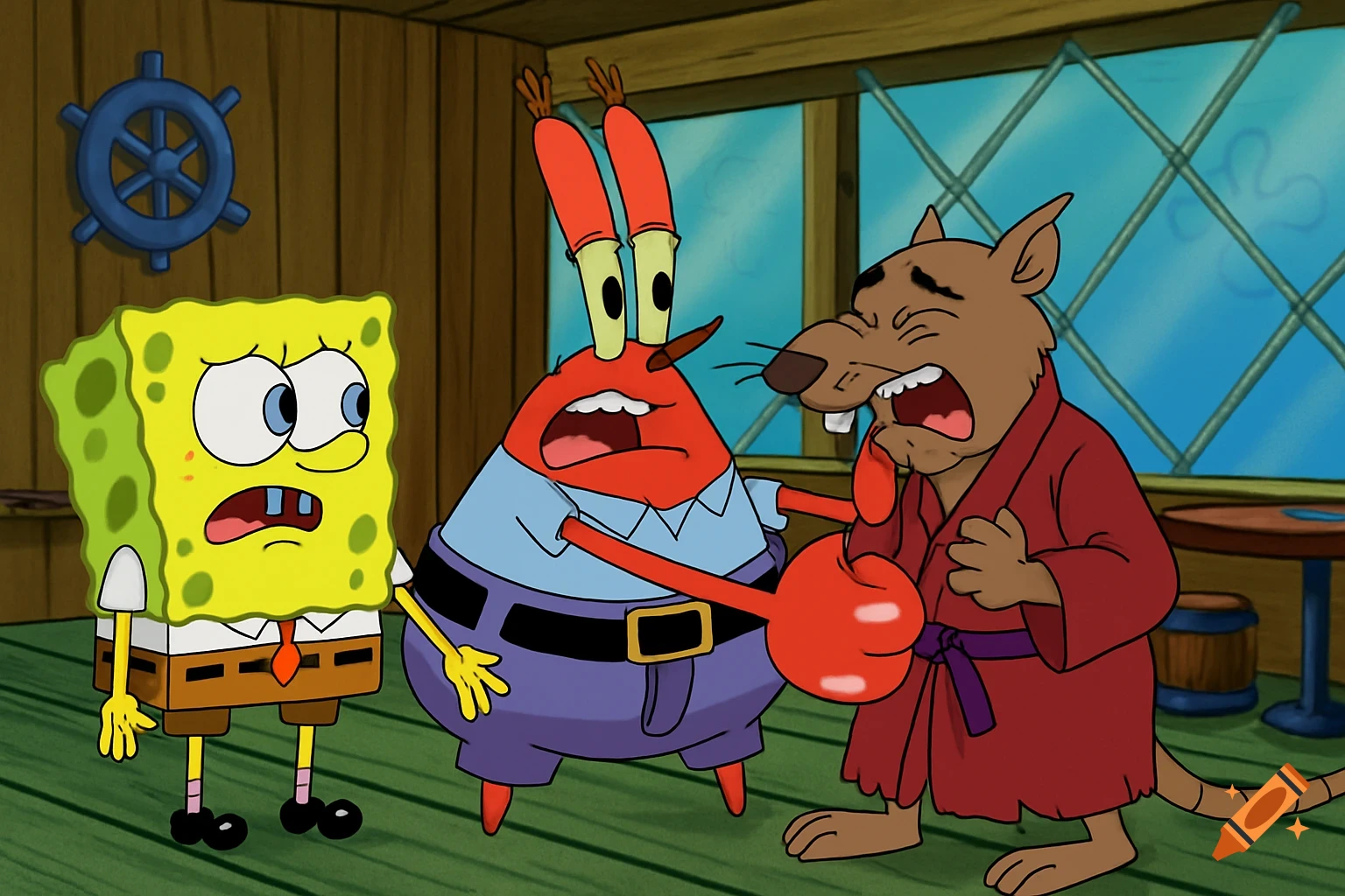 Spongebob looks concerned while Mr. Krabs punches Splinter the rat in a cartoon style.