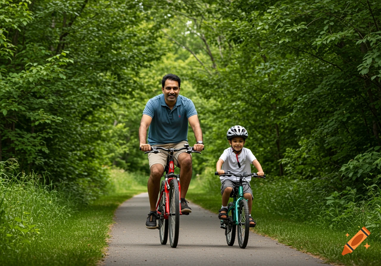 Father and son biking on a tree-lined trail