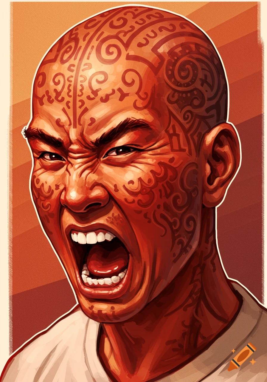 Close-up illustration of an angry yelling man with intricate patterns on his head and face.