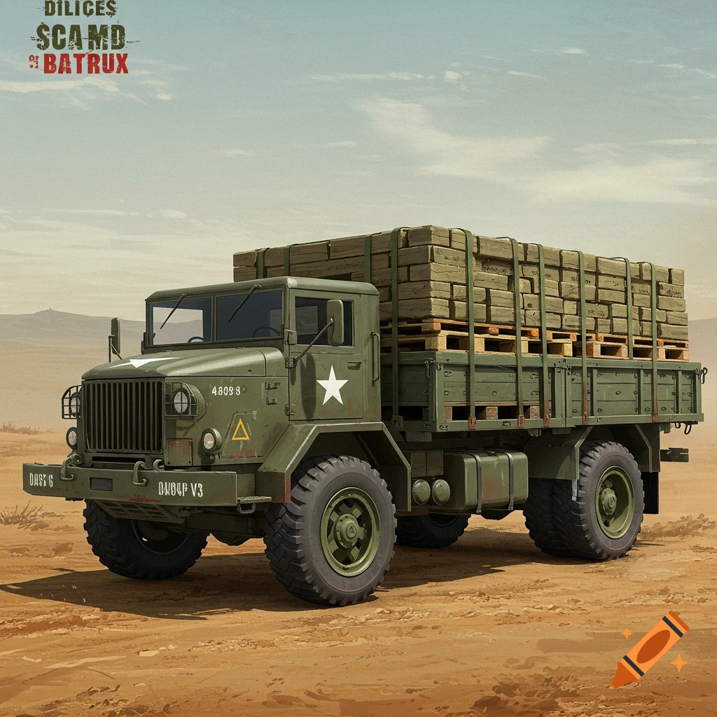 A military truck loaded with wooden pallets drives through a desert.