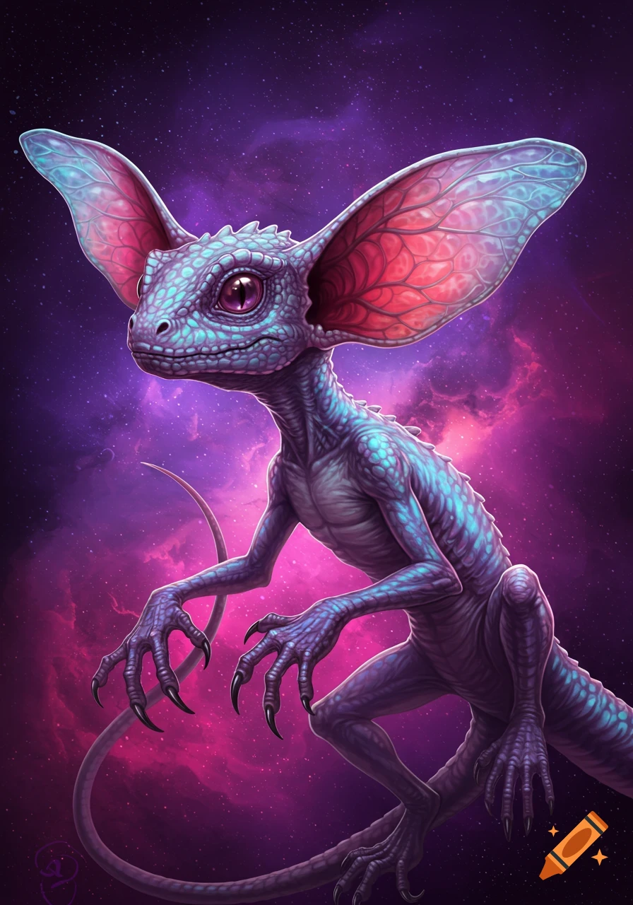 A blue and purple alien creature with large, translucent ears in a starry space background.