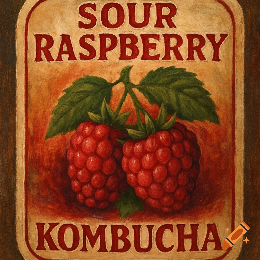 Vintage label for Sour Raspberry Kombucha featuring two raspberries in a painted style.
