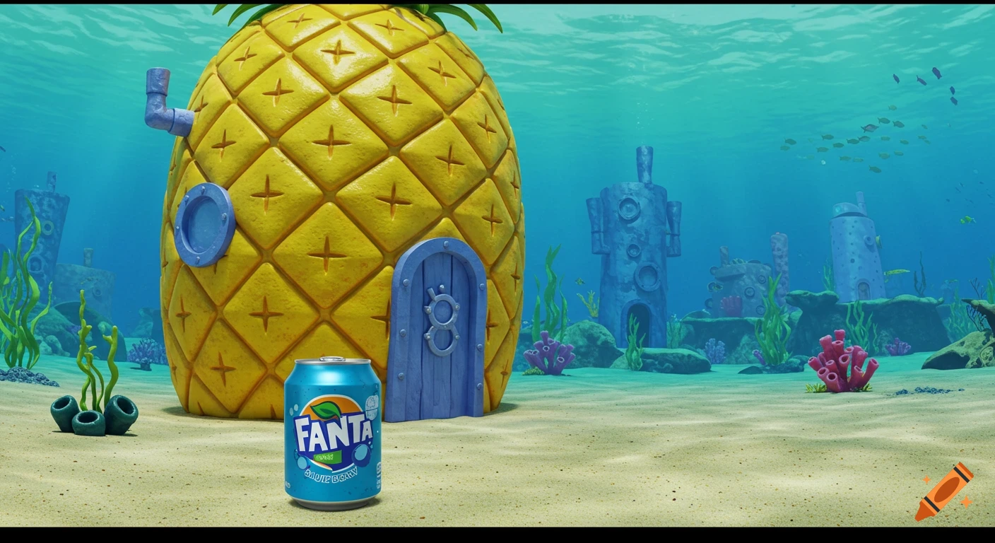 Underwater scene showing SpongeBob's pineapple house next to a can of blueberry Fanta.