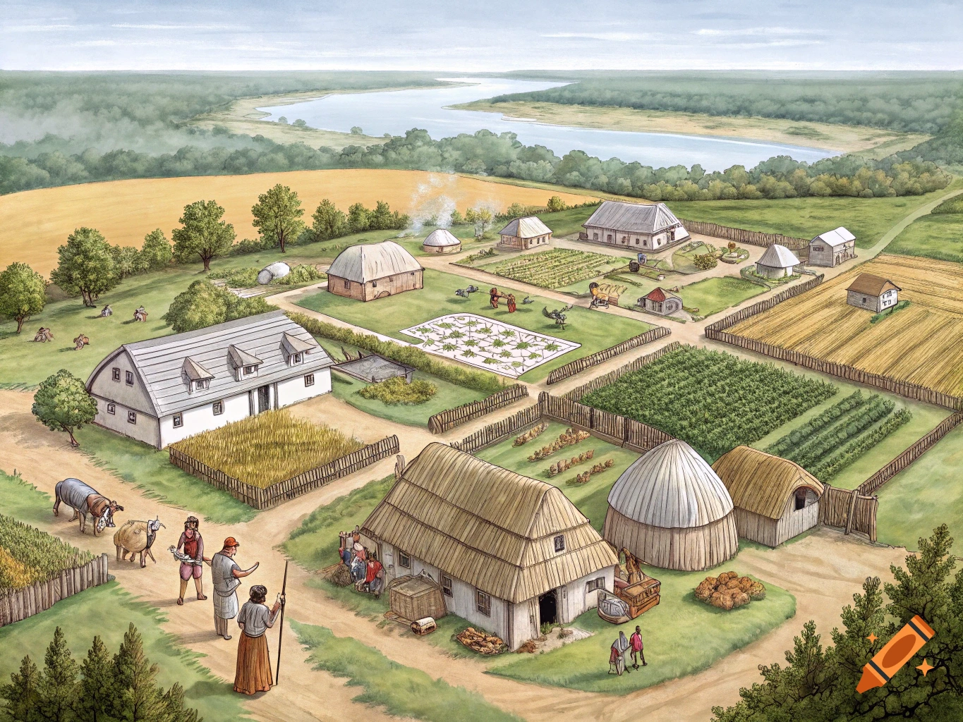 Aerial illustration of historical village with fields, houses, river, and people working.