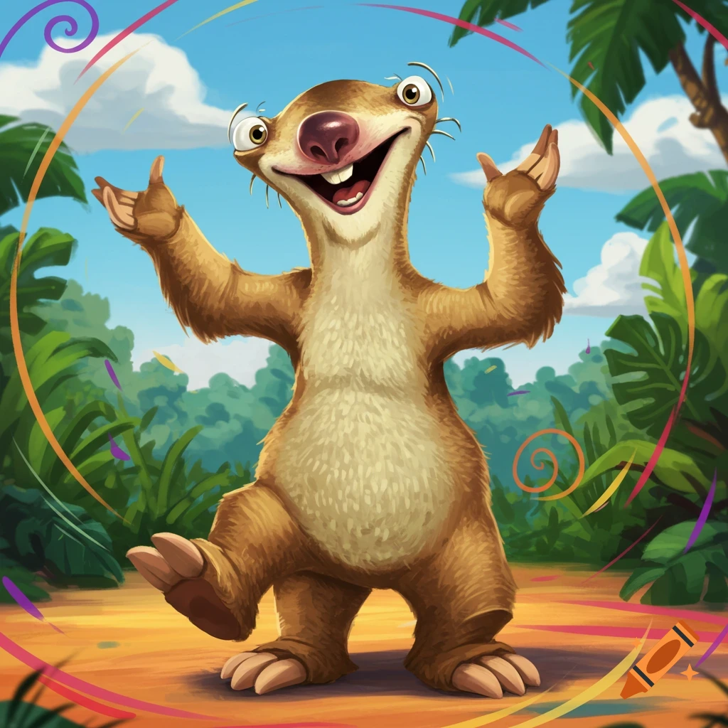 A cartoon sloth (Sid) stands in a jungle, arms raised, smiling, with colorful swirls.