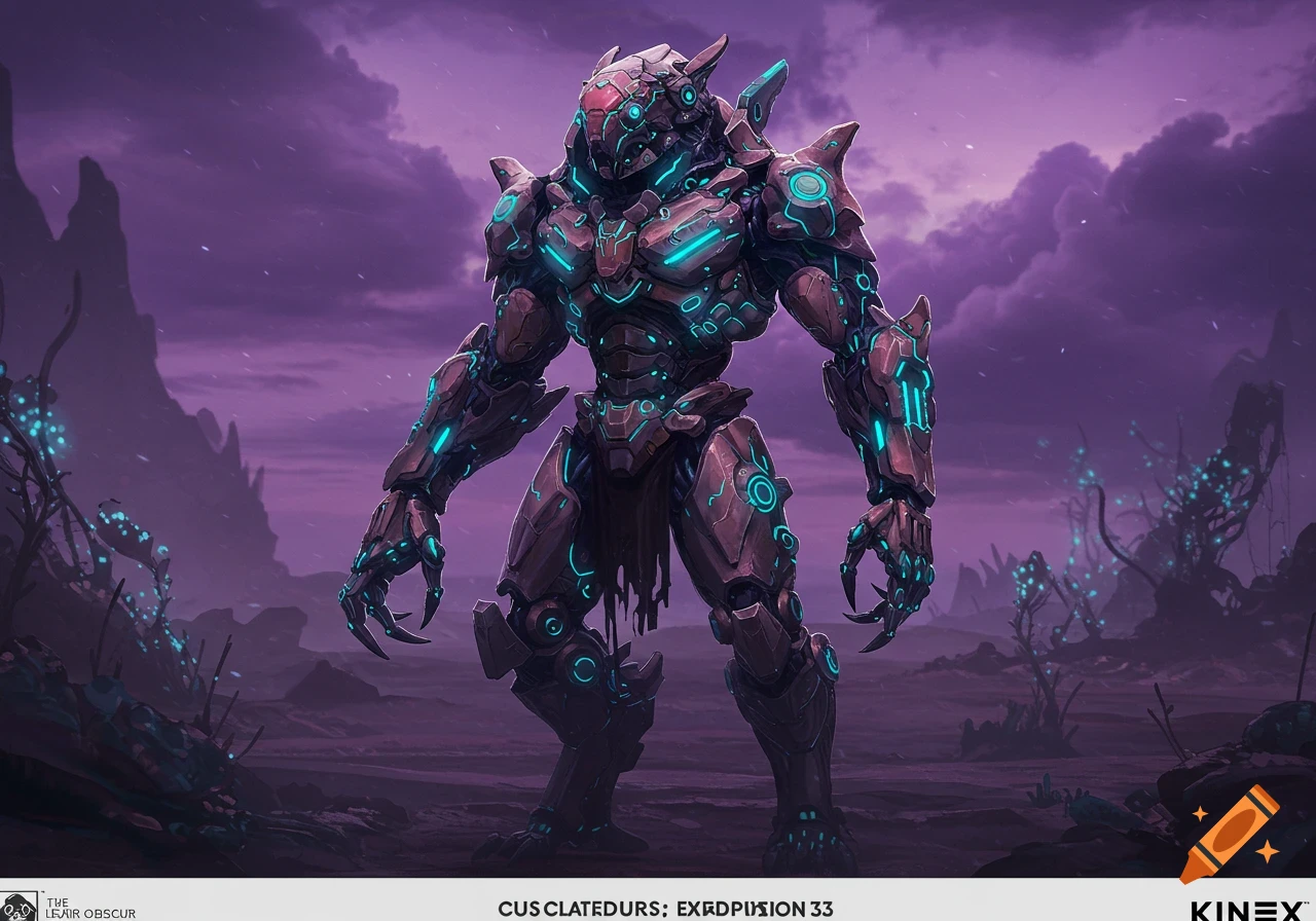A large futuristic mech stands in a desolate, purple alien landscape.
